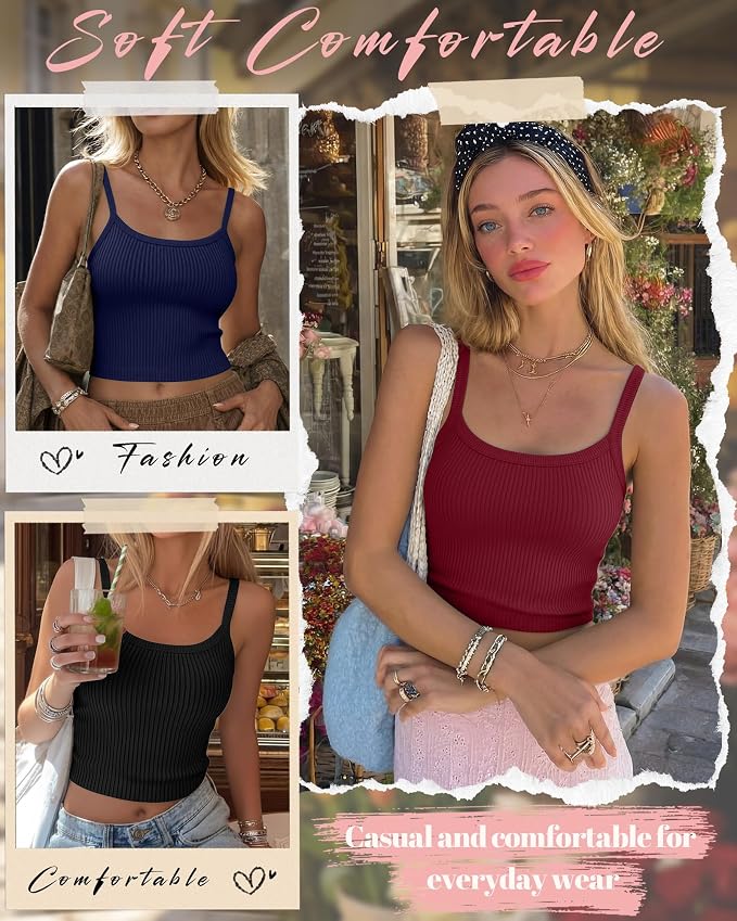 Ficerd 3 Pack Women's Tank Tops 95% Cotton Spaghetti Strap Ribbed Crop Camisole Slim Fitted Basic Summer Sleeveless Layer - Image 5