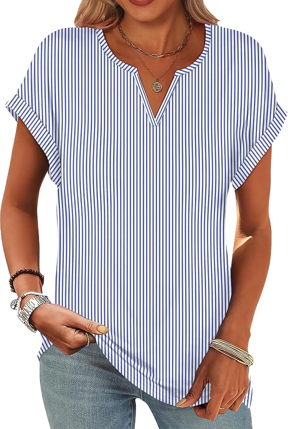 Womens Tops Dressy Casual V Neck Rolled Sleeve T Shirts Fashion Clothing Business Casual Outfits Beach Vacation Clothes - Image 2