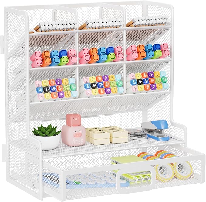 Marbrasse Larger Mesh Desk Organizer with Drawer, Multi-Functional Pen Pencil Holder, Easy Assembly, Desk Organizers and Accessories for Office Art Supplies (White) | Multi-Functional Pen Pencil Holder, Easy Assembly, For Office Art Supplies by Marbrasse