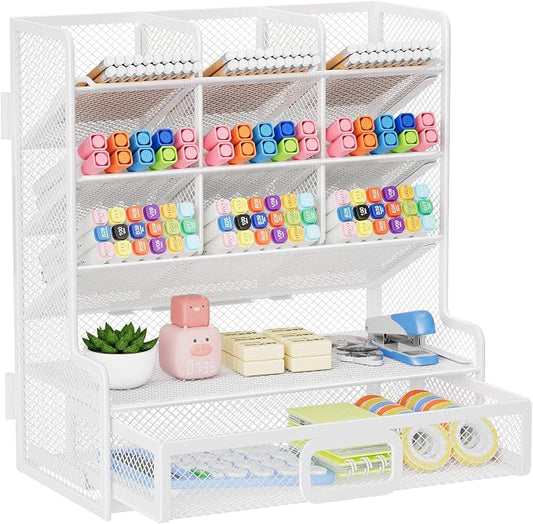 Marbrasse Larger Mesh Desk Organizer with Drawer, Multi-Functional Pen Pencil Holder, Easy Assembly, Desk Organizers and Accessories for Office Art Supplies (White) | Multi-Functional Pen Pencil Holder, Easy Assembly, For Office Art Supplies by Marbrasse