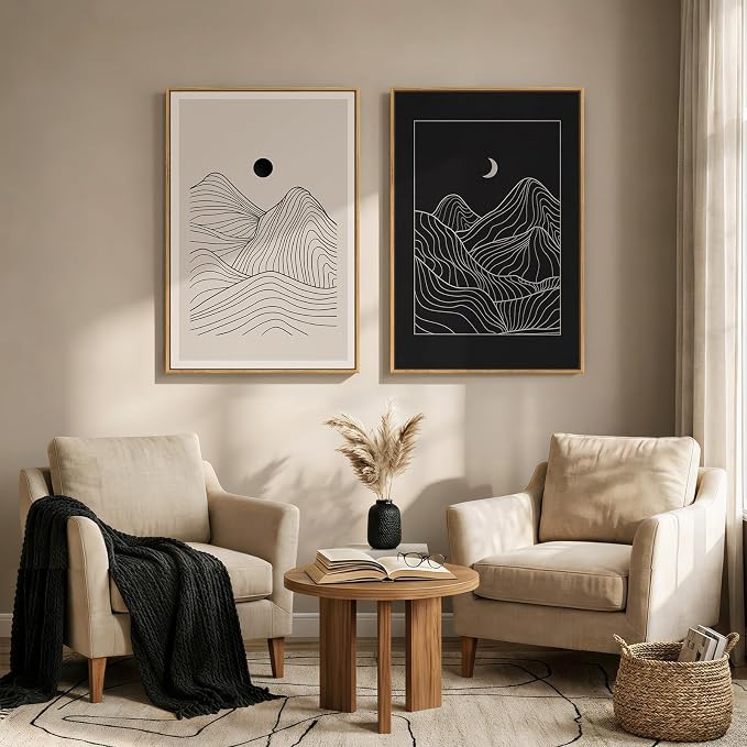 Large Framed Black and Beige Neutral Abstract Wall Art for Living Room, Set of 2 Modern Canvas Prints Paintings Artwork for Walls, Mountain and Moon Pictures for Bedroom Hallway Wall Decor 24x36 In - Image 5