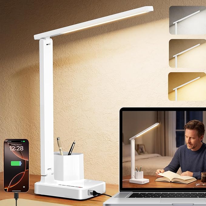 COZOO LED Desk Lamp with 2 USB Charging Ports,Type C Port,1 AC Outlet,2 Pen Holders,3 Color Temperature 3 Brightness Level,Touch/Memory/Timer,10W Eye Protection Foldable Reading Light,Study Lamp-White by COZOO