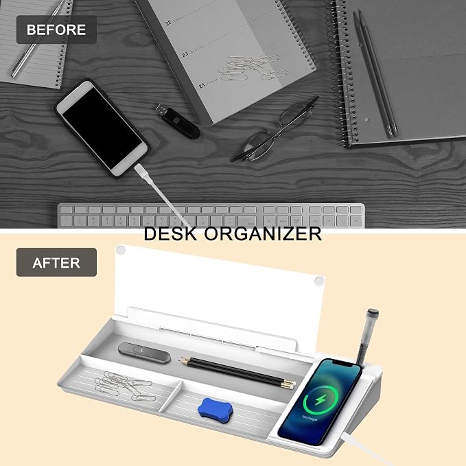 SELEAD Desktop Glass Whiteboard with Wireless Charger Station, Dry Erase Board Computer Pad Keyboard Stand with Organizer Drawer for Home, School, Office Desk Accessories, White - Image 7