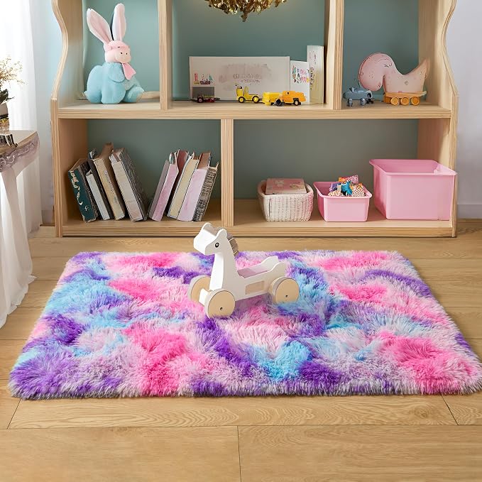 Tepook Soft Rainbow Rug for Girls Room, Cute Fluffy Girls Bedroom Rugs, 2x3 Feet Shaggy Princess Rug Colorful Carpet for Kids Teens Toddler Playroom Nursery Reading Nook, Hot Pink by Tepook