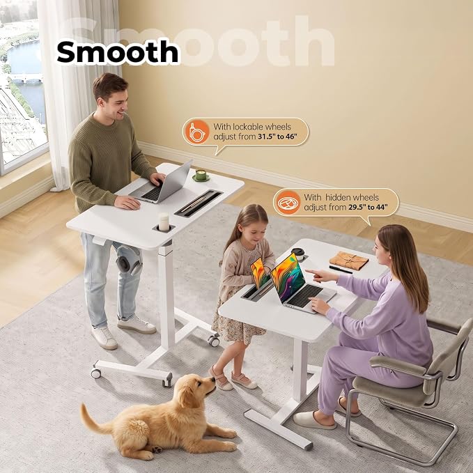 40"×24" Mobile Standing Desk with Drawer, Cup Holder & Hooks | Height Adjustable Portable Desk on Wheels, Small Computer Desk, Rolling Laptop Cart for Home Office, Classroom, White - Image 4