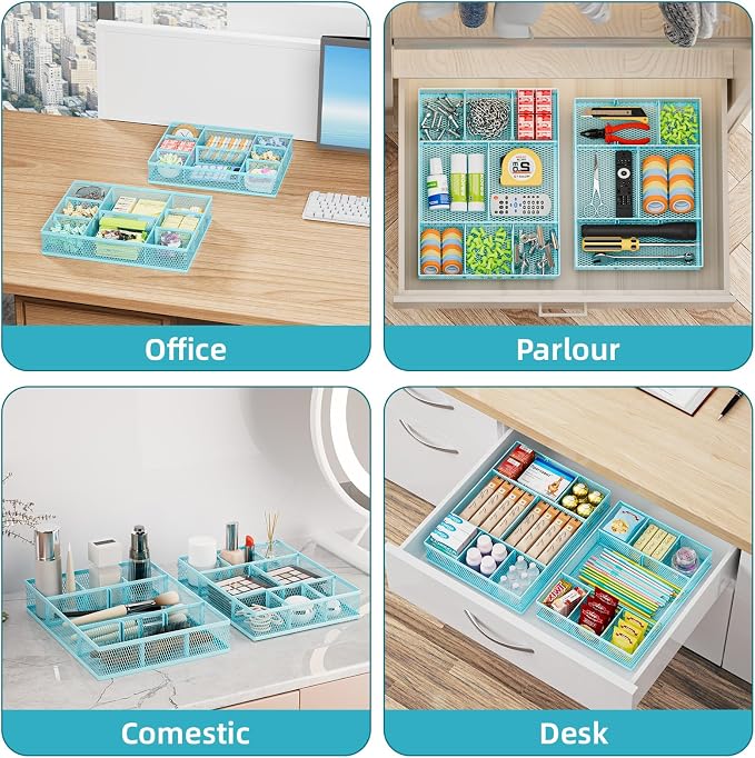 Marbrasse 2 Pack Desk Drawer Organizer, Mesh Drawer Organizer Tray with 8 Adjustable Compartments, Desk Organizers and Accessories, 5 Dividers Drawer for Office Supplies, Makeup & Vanity (Blue) - Image 3