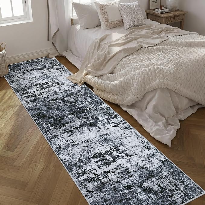 Washable Area Rug 3x14 Entryway Rug: Washable Modern Abstract Soft Thin Rug Indoor Floor No Slip Stain Resistant Carpet for Bedroom Dining Room Farmhouse Nursery Home Office - Black - Image 2