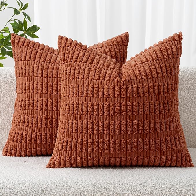 MIULEE Fall Pack of 2 Rust Corduroy Decorative Pillow Covers 20x20 Inch Soft Boho Striped Throw Pillow Covers Modern Farmhouse Home Decor for Sofa Living Room Couch Bed by MIULEE