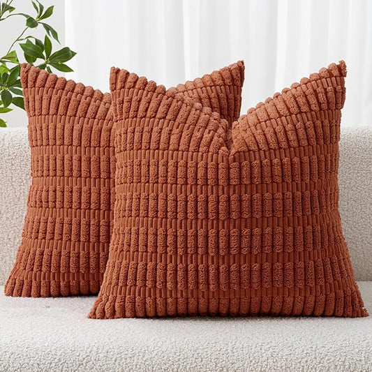 MIULEE Fall Pack of 2 Rust Corduroy Decorative Pillow Covers 12x12 Inch Soft Boho Striped Throw Pillow Covers Modern Farmhouse Home Decor for Sofa Living Room Couch Bed by MIULEE