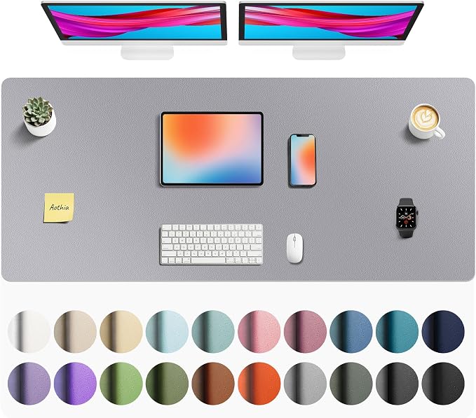 Aothia Faux Leather Desk Mat - Non-Slip PU Leather Desk Blotter, Waterproof Writing Surface, Large Desk Pad for Office & Home (Light Grey, 55" x 24") by AothiaSimpleNaturalUnique