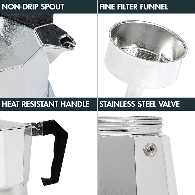 Primula Classic Stovetop Espresso and Coffee Maker, Moka Pot for Italian and Cuban Café Brewing, Greca Coffee Maker, Cafeteras, 6 Espresso Cups, Silver - Image 3