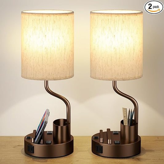 Fenmzee Bedside Lamps for Bedroom Set of 2 - Table Desk Lamp for Nightstand | 15" Table Lamp for Living Room with Pen Holder & Phone Stand, USB A+C Port, AC Outlet, 3 Color Temperature, LED Bulb Included by Fenmzeelighting