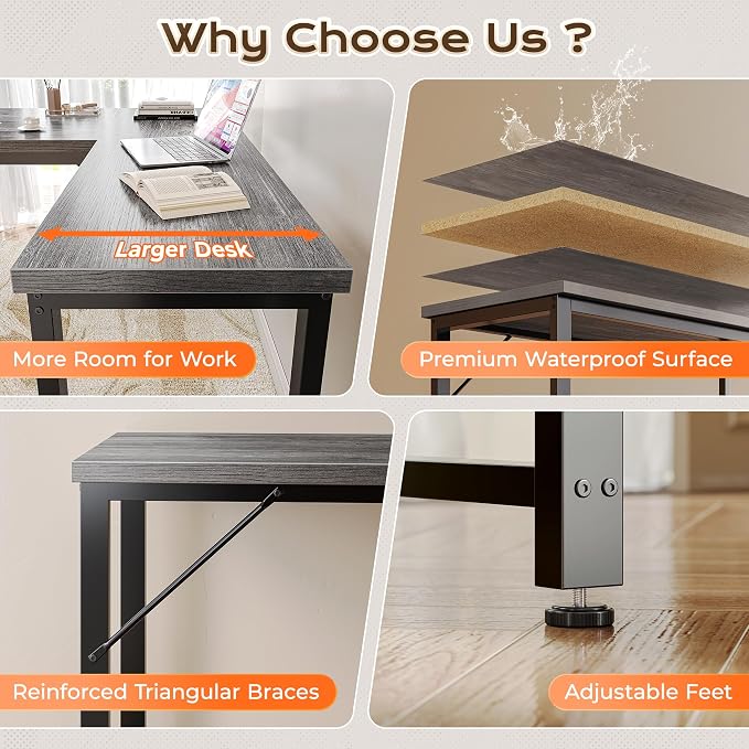 Huuger 63 Inch L Shaped Desk with Power Outlets and USB-C Port, Reversible Computer Desk, Larger Office Corner Gaming Desk, 0.95 Inch Thicker Desktop, Metal Frame, for Home Office, Study, Grey - Image 8