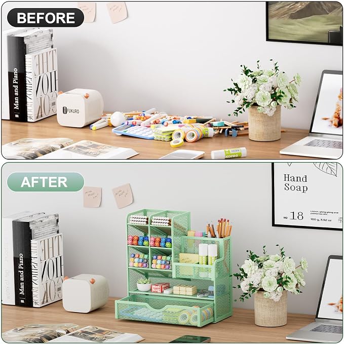 Marbrasse Mesh Pen Holder for Desk, Multi-Functional Pencil Organizer with Drawer, Desk Organizers and Accessories for Office Art Supplies (Green) - Image 3