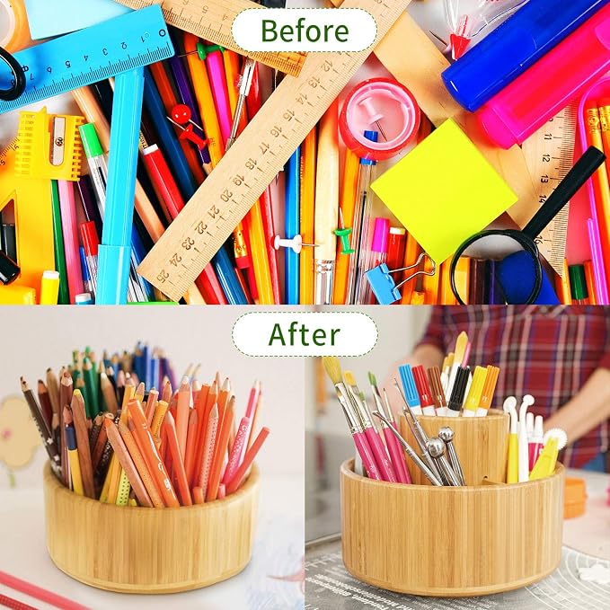 Utoplike Bamboo Rotating Art Supply Desk Organizer, Pencil Holder Desktop | Desktop Storage Caddy for Pen, Colored Pencil, Crayon, Paint Brushes, Art Studio & Office - Image 7