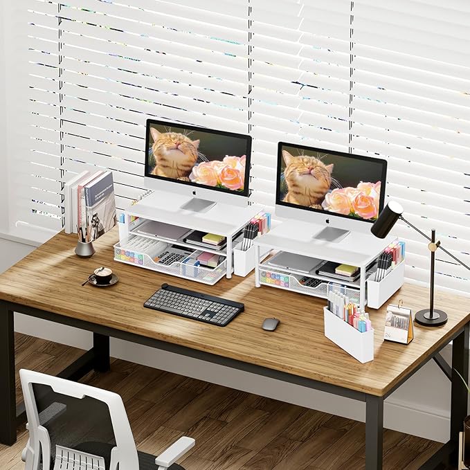 OPNICE Desk Organizers and Accessories, 2-Tier Computer Monitor Stand Riser with Drawer and 2 Pen Holders, Laptop Stand, Office Desk Accessories for Office Supplies, White Wood - Image 2