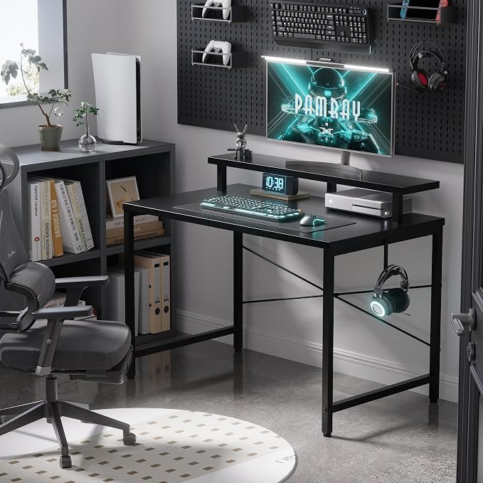 Pamray 32 Inch Small Computer Desk with Monitor Stand, Simple Office Desk with Headphone Hook for Small Spaces, Kids Study Writing Table for Bedroom, Black - Image 2