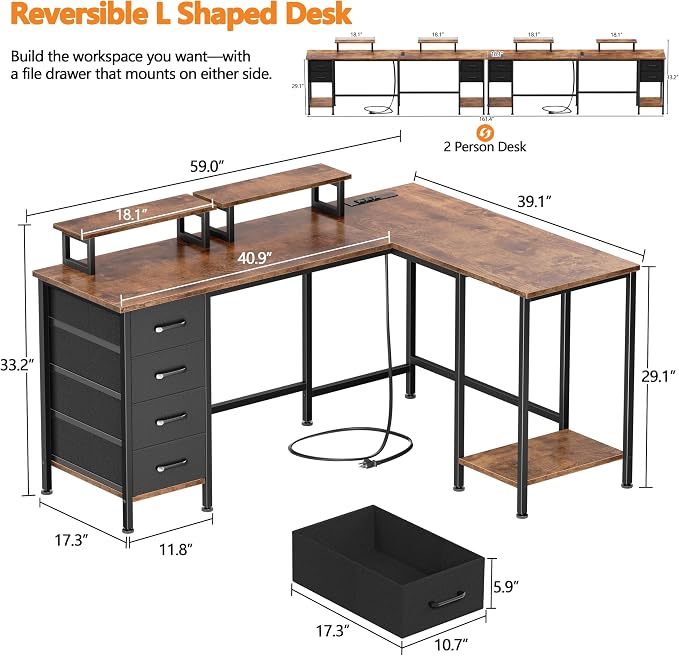 Korfile 59 inch L Shaped Computer Desk with Power Outlets, Rustic Brown | Ideal for Home Office, Bedroom, Corner, 4 Adjustable Storage Drawers, 2 Monitor Stands, Reversible, Two Person Gaming Table - Image 3