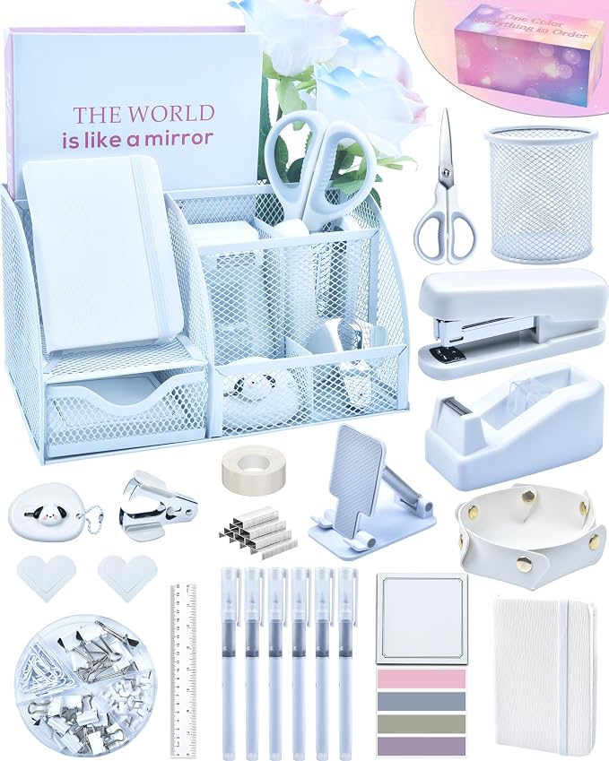 White Desk Accessories, 25Pcs White Office Supplies and Desk Organizers, with Tape Dispenser, Stapler, Staple Remover, Ect, Gift Box Packaging by StyleYourDeskinOneColor