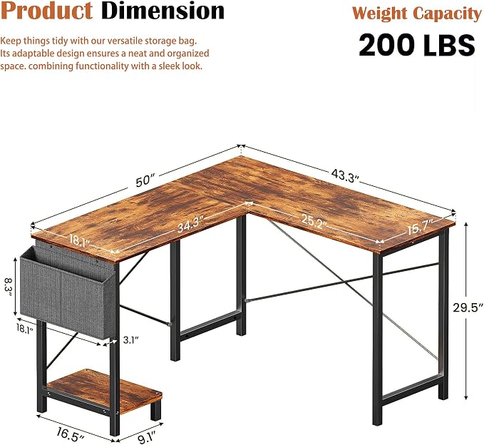 Alpen Corner Desk, L Shaped Gaming Desk with Storage Pocket and CPU Stand, Work Desk for Home Office, Small Corner Study Writing Table with Sturdy Metal Frame, 50 Inch, Rustic Brown - Image 2