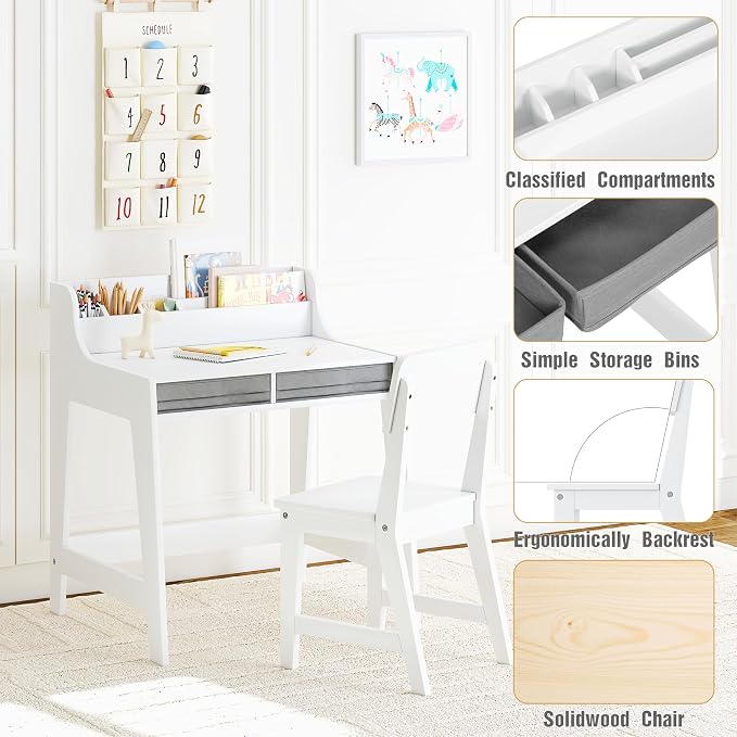 UTEX Wooden Kids Desk and Chair Set with 2 Fabrics Drawers for Study Room | Kids Study Desk with Stand-up Organizer, Water-based Paint, Student Writing Desk for Bedroom - Image 6