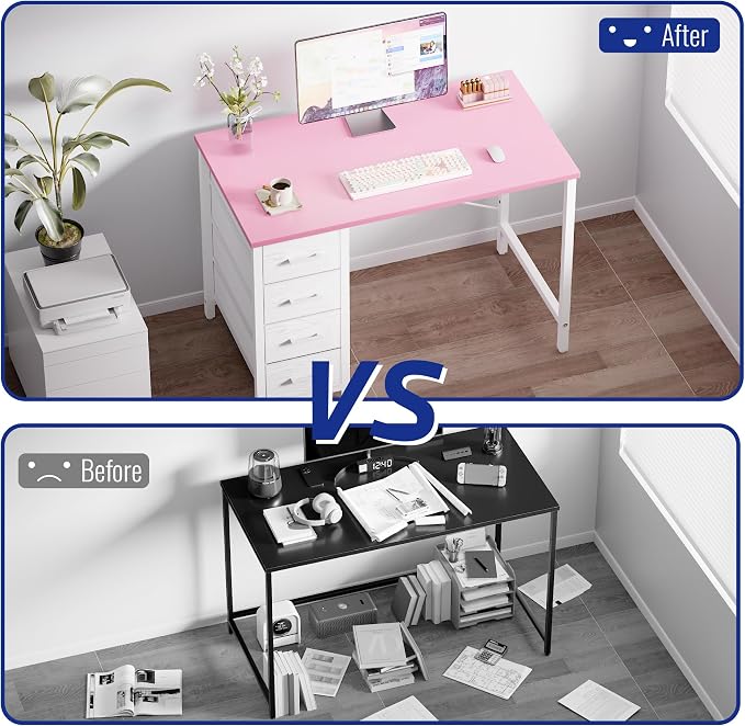 Pamray 32 Inch Computer Desk with 4 Drawers Small Office Desk for Home Bedroom Study Writing Simple Modern Computer Table Pink - Image 5