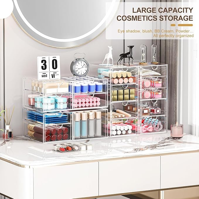 caktraie 4-Pack Acrylic 16-Drawer Storage & Makeup Organizer for Desk | Smooth-glide drawers, clear acrylic, stackable, dustproof, wipe clean, for office supplies, pens, jewelry, makeup - Image 3