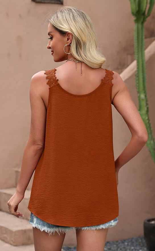 OFEEFAN Tank Top for Women Loose Fit Crew Neck Sleeveless Shirts Strap Lace Camisole Chiffon Summer Tops Curved Hem - Image 5