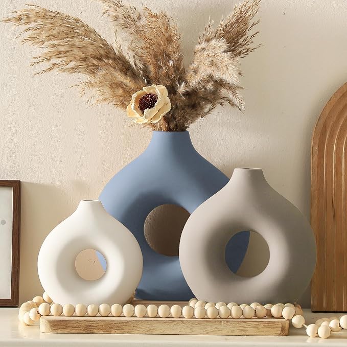 Vanselia Ceramic Vase Home Table Decor - Flower Vases Set of 3 Small Living Room Centerpiece Decorations for Shelf Bedroom Office Kitchen Dining Desk Modern Aesthetic Farmhouse Decorative (Blue) - Image 8