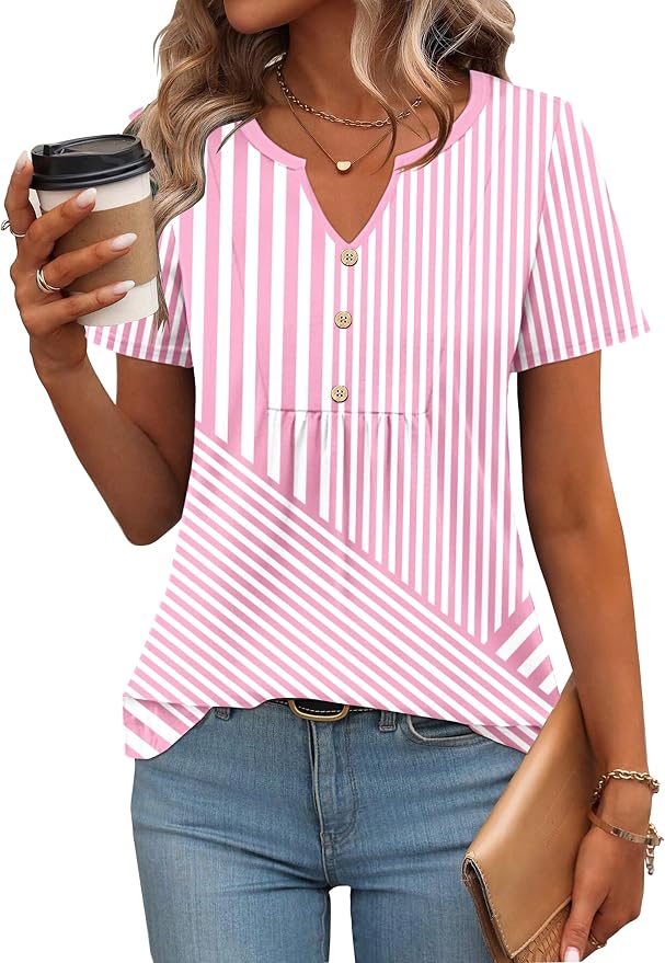 Zeagoo Womens Short Sleeve Tops Summer Henley V-Neck Tshirts Casual Pleated Blouse Dressy Loose Floral Basic Tee - Image 2