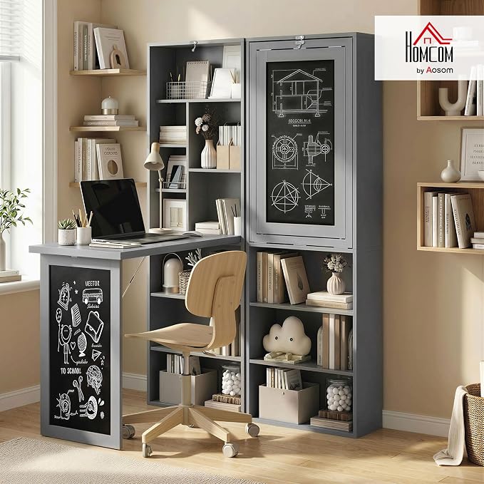 HOMCOM Foldable Desk Wall Mounted Convertible Table for Small Spaces, Gray | Wall Mounted, Space-Saving, Chalkboard, Storage Shelves, for Small Spaces, Home Office, Bedroom, Dorm, Apartment - Image 2