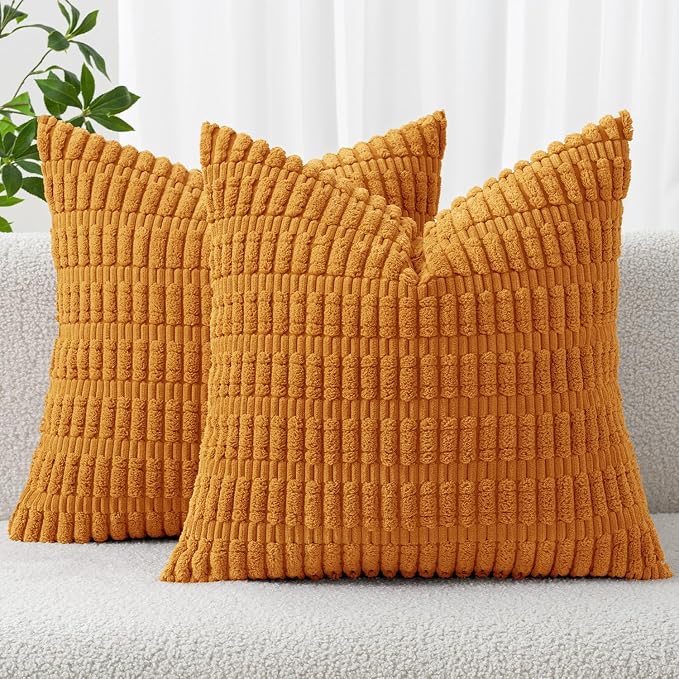 MIULEE Fall Pack of 2 Burnt Orange Corduroy Decorative Pillow Covers 20x20 Inch Soft Boho Striped Throw Pillow Covers Modern Farmhouse Home Decor for Sofa Living Room Couch Bed by MIULEE