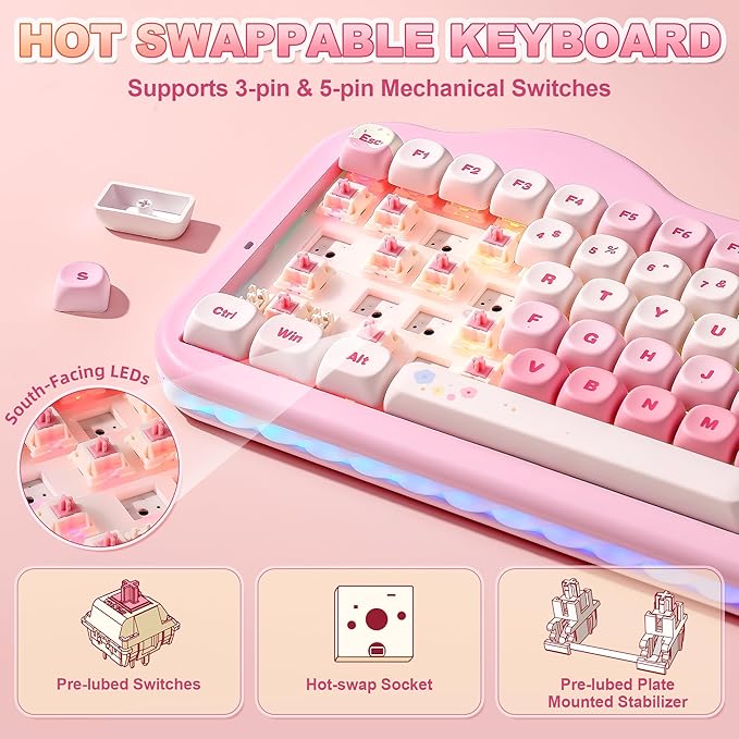 YUNZII C75 Cute 75% Wireless Mechanical Keyboard (Pink, Candy Switch) | Creamy Cake Keyboard, BT5.0/2.4G/USB-C, Hot-Swap, NKRO, PBT MOA Keycaps,5500mAh RGB Gasket Mount for Mac/Win/Gaming/Office - Image 5