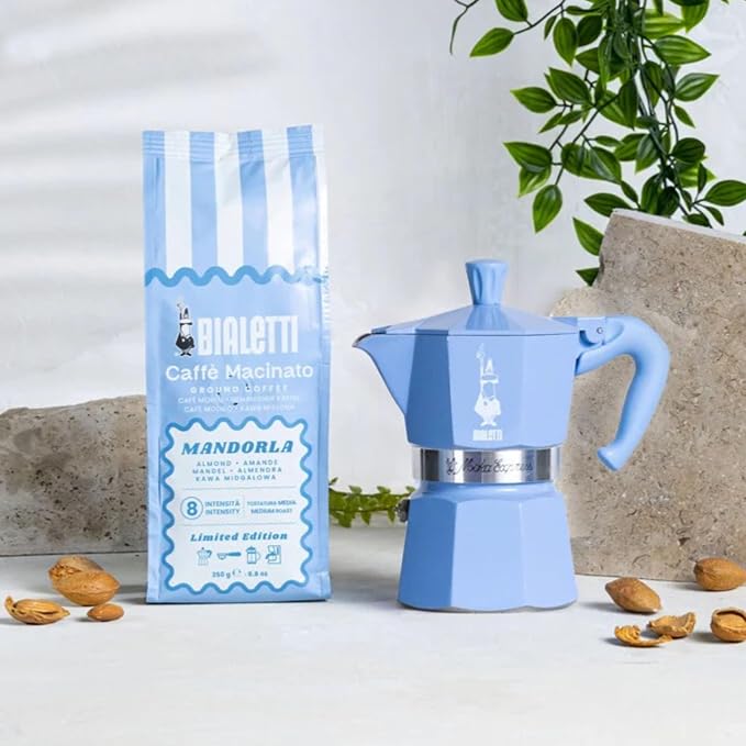 Bialetti Moka Express 3 Cup Light Blue & Almond Ground Coffee Gift Set – Stovetop Espresso Maker with 250g Caffe Macinato Mandorla, 80% Arabica 20% Robusta Medium Dark Roast, Made in Italy - Image 5
