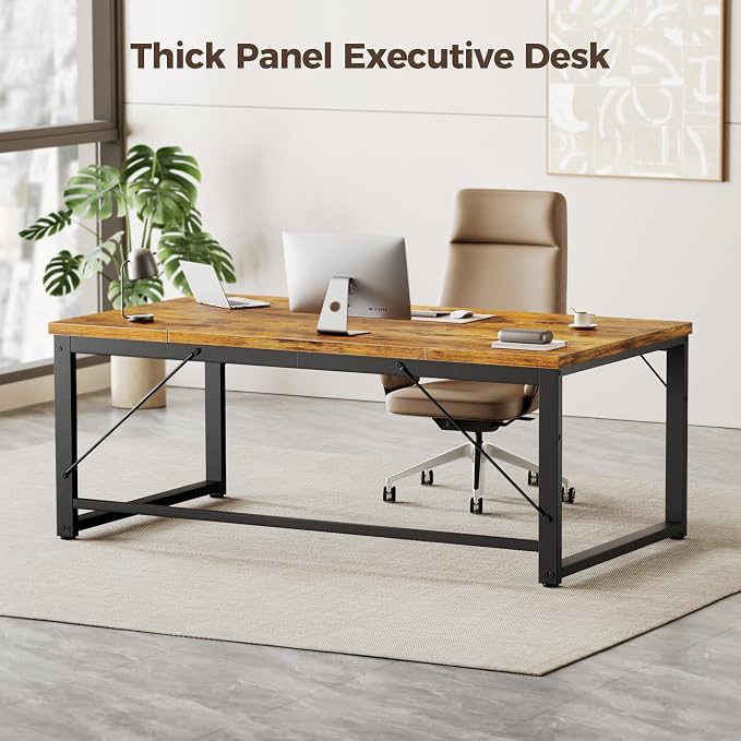 Mericonia 63x28 Inch Computer Desk, 1" Thick Large Office Table, Brown | Modern Simple Style, Heavy Duty Industrial Frame, Large Study & Writing Table for Home Bedroom Work - Image 7