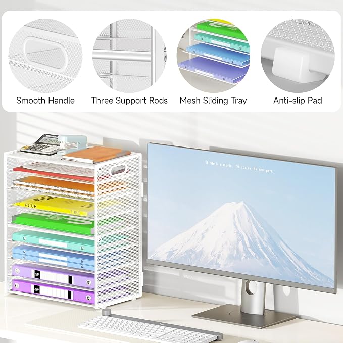 Cawukege 9 Tier Paper Organizer with Handle, Large Capacity Desk Organizer Mesh Paper Letter Tray File Folder Document Sorter for Classroom and Office Accessories Organization- White (2 Pack) - Image 4