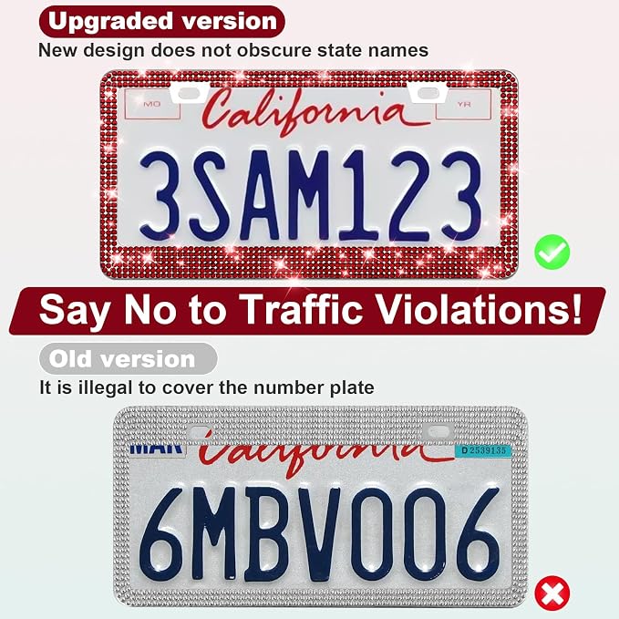 QUANQIUFEI 2 Pack Bling License Plate Frames for Women, Sparkly Rhinestone Diamond Car Accessories with Glitter Crystal Caps (Burgundy) - Image 4