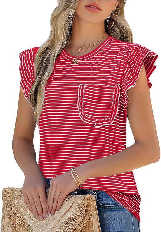 JUSTFASHIONNOW Womens Summer Tops Striped T-Shirts 2026 Ruffle Short Sleeve Crew Neck Casual Blouses with Pocket by Justfashionnow