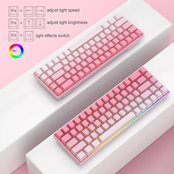 MageGee Portable 60% Mechanical Gaming Keyboard, RGB Backlit Compact 68 Keys Mini Wired Office Keyboard with Red Switches for Laptop PC Mac, Side Printed Keycap - Pink - Image 3