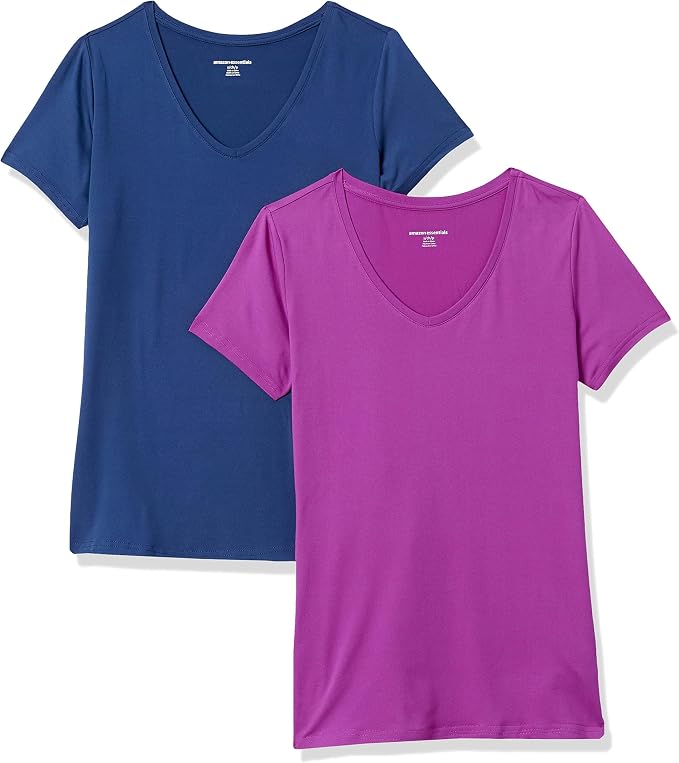 Amazon Essentials Women's Active Quick Dry Tech Stretch Short-Sleeve V-Neck T-Shirt (Available in Plus Size), Pack of 2 by AmazonEssentials