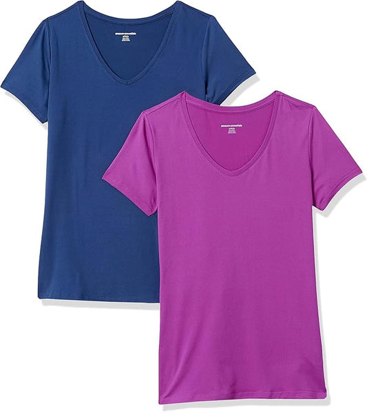 Amazon Essentials Women's Active Quick Dry Tech Stretch Short-Sleeve V-Neck T-Shirt (Available in Plus Size), Pack of 2 by AmazonEssentials