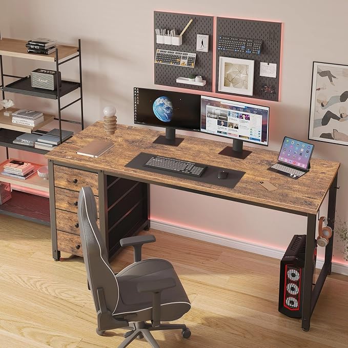 Lufeiya Computer Desk with Drawers - 55 Inch Long Study Work Writing Desk for Home Office Bedroom, Reversible Simple Modern Cute PC Desks with Fabric Drawer, Rustic Brown - Image 2