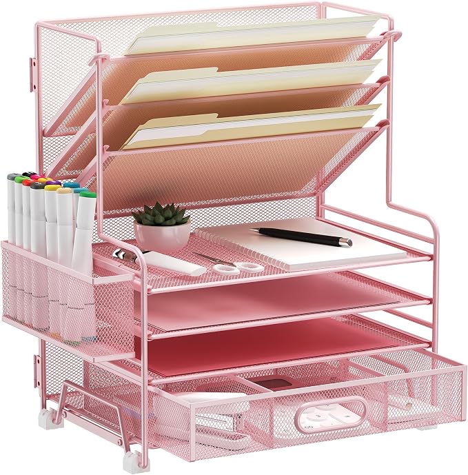MINDEPOT 4-Tier Paper Organizer + 3-Pocket File Holder + Drawer + Pen Holders, Desktop File Organizers Paper Tray for Office Supplies School Classroom Organization (Pink, with Drawer & Pen Holder) by MINDEPOT