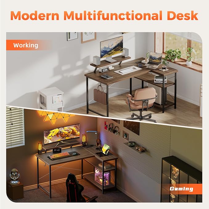 Mericonia 48 in Corner Desk with Monitor Stand, Small L Shaped Gaming Desk | Reversible Computer Desk with Power Outlets, LED Light & Storage Shelves, Office Table for Home Bedroom Study Work Writing - Image 9