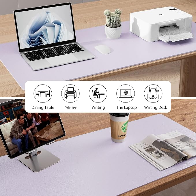 Aothia Faux Leather Desk Mat - Non-Slip PU Leather Desk Blotter, Waterproof Writing Surface, Large Desk Pad for Office & Home (Soft Lavender, 55" x 17") - Image 6