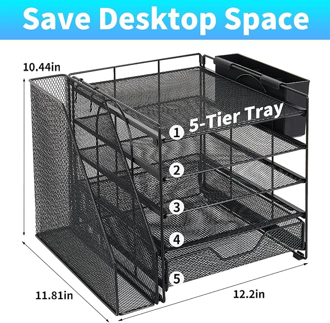 Desk Organizers and Accessories, 5-Tier Paper Letter Tray Organizer with File Holder, Drawer & Pen Holder, Office Desk Accessories, Desktop Organizer for Classroom Office Supplies, Black - Image 2