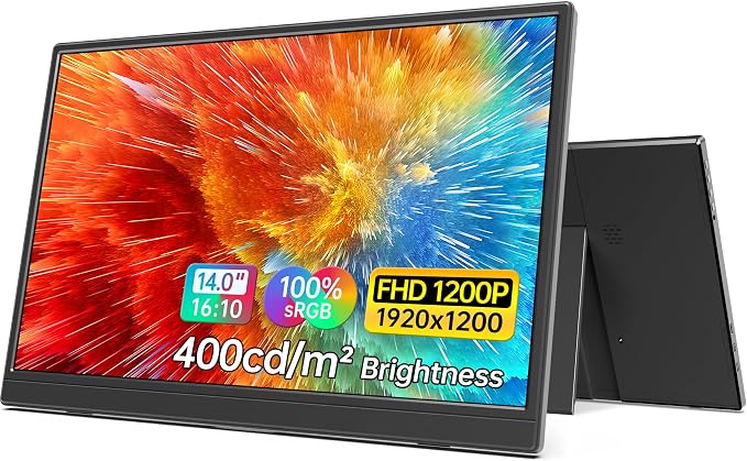 MNN Portable Monitor 14 inch FHD 1920 * 1200P USB C HDMI Ultra-Slim IPS Travel Display w/Speakers, HDR Plug&Play, External Monitor for Laptop PC, Phone,Mac(400cd/m² Brightness) | 14" 16:10 1200p IPS 400nit HDR, USB-C/HDMI, speakers, ultra-slim, plug&pl... by MNN