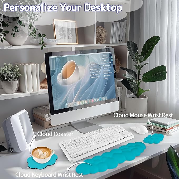 Sushret Cloud Wrist Rest Keyboard, Cloud Keyboard Wrist Pad Set with PU Leather Memory Foam, Cute Arm Rest for Palm Support, PC/Gaming Desk Accessories/Office Setup/Computer Hand Cushion - Scuba Blue - Image 2
