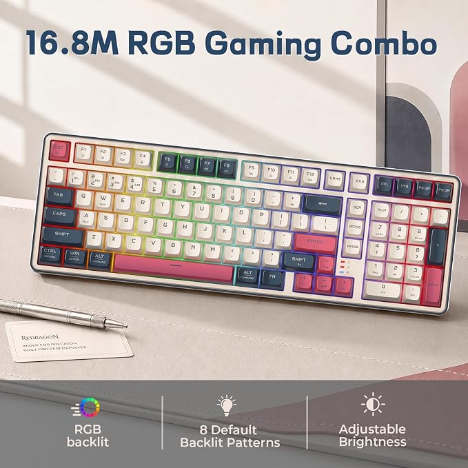 Redragon S174 Gaming Keyboard and Mouse Wireless with Tri-Mode, RGB Keyboard and 5000 DPI 61G Ultra-Light Gaming Mouse, Computer Keyboard Creamy Cute with Number Pad BT/2.4GHz/USB-C - Beige - Image 4