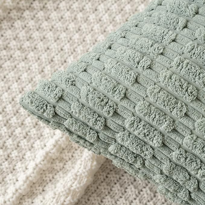 MIULEE Pack of 2 Spring Corduroy Decorative Throw Pillow Covers 12x12 Inch Soft Boho Striped Pillow Covers Modern Farmhouse Home Decor for Summer Sofa Living Room Couch Bed Greyish Green - Image 2